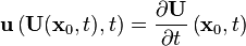 \mathbf{u}\left(\mathbf{U}(\mathbf{x}_0,t),t \right) = \frac{\partial \mathbf{U}}{\partial t}\left(\mathbf{x}_0,t \right)