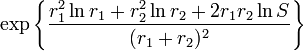  \exp\left\{ { r_1^2 \ln r_1 + r_2^2 \ln r_2 + 2r_1r_2 \ln S \over (r_1+r_2)^2} \right\} 