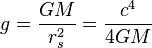 g = \frac{G M}{r_s^2} = \frac{c^4}{4 G M} \;