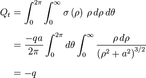 
\begin{align}
Q_t & = \int_0^{2\pi}\int_0^\infty \sigma\left(\rho\right)\, \rho\,d \rho\,d\theta \\[6pt]
& = \frac{-qa}{2\pi} \int_0^{2\pi}d\theta \int_0^\infty \frac{\rho\,d \rho}{\left(\rho^2 + a^2\right)^{3/2}} \\[6pt]
& = -q
\end{align}
