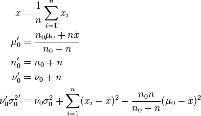 \begin{align}
\bar{x} &= \frac{1}{n}\sum_{i=1}^n x_i \\
\mu_0' &= \frac{n_0\mu_0 + n\bar{x}}{n_0 + n} \\
n_0' &= n_0 + n \\
\nu_0' &= \nu_0 + n \\
\nu_0'{\sigma_0^2}' &= \nu_0 \sigma_0^2 + \sum_{i=1}^n (x_i-\bar{x})^2 + \frac{n_0 n}{n_0 + n}(\mu_0 - \bar{x})^2
\end{align}