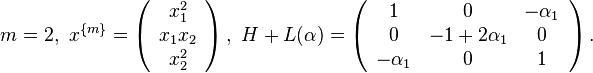 
m=2,~x^{\{m\}}=\left(\begin{array}{c}x_1^2\\x_1x_2\\x_2^2\end{array}\right),
~H+L(\alpha)=\left(\begin{array}{ccc}
1&0&-\alpha_1\\0&-1+2\alpha_1&0\\-\alpha_1&0&1
\end{array}\right).
