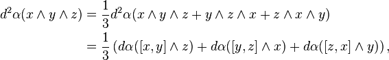 \begin{align}
d^2\alpha (x\wedge y\wedge z) &= \frac{1}{3} d^2\alpha(x\wedge y\wedge z + y\wedge z\wedge x + z\wedge x\wedge y) \\
&=  \frac{1}{3} \left(d\alpha([x, y]\wedge z) + d\alpha([y, z]\wedge x) +d\alpha([z, x]\wedge y)\right),
\end{align}