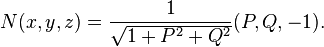 N(x, y, z) = \frac{1}{\sqrt{1 + P^2 + Q^2}} (P, Q, -1).