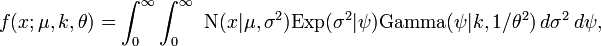 f(x;\mu, k,\theta)=\int_0^\infty\int_0^\infty\ \mathrm{N}(x| \mu, \sigma^2)\mathrm{Exp}(\sigma^2|\psi)\mathrm{Gamma}(\psi|k, 1/\theta^2) \, d\sigma^2 \, d\psi,