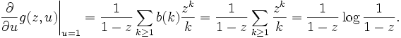  \frac{\partial}{\partial u} g(z, u) \Bigg|_{u=1} = 
\frac{1}{1-z} \sum_{k\ge 1} b(k) \frac{z^k}{k} =
\frac{1}{1-z} \sum_{k\ge 1} \frac{z^k}{k} =
\frac{1}{1-z} \log \frac{1}{1-z}.