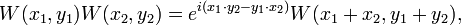 \displaystyle{W(x_1,y_1)W(x_2,y_2)=e^{i(x_1\cdot y_2-y_1\cdot x_2)} W(x_1+x_2,y_1+y_2),}