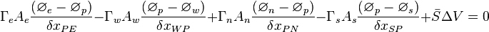 
{\Gamma{}}_eA_e\frac{({\varnothing{}}_e-{\varnothing{}}_p)}{{\delta{}x}_{PE}} - {\Gamma{}}_wA_w\frac{({\varnothing{}}_p-{\varnothing{}}_w)}{{\delta{}x}_{WP}} + {\Gamma{}}_nA_n\frac{({\varnothing{}}_n-{\varnothing{}}_p)}{{\delta{}x}_{PN}} - {\Gamma{}}_sA_s\frac{({\varnothing{}}_p-{\varnothing{}}_s)}{{\delta{}x}_{SP}}+ \bar{S}\Delta{}V=0
