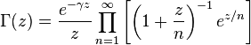 
\Gamma (z) = \frac{e^{-\gamma z}}{z} \prod_{n=1}^\infty \left[\left(1+\frac{z}{n}\right)^{-1}e^{z/n}\right]\,
