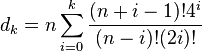 d_k = n\sum_{i=0}^k \frac{(n+i-1)!4^i}{(n-i)!(2i)!}