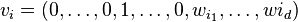  v_i = (0, \ldots , 0, 1, \ldots , 0, w_{i_1}, \ldots , w{i_d})