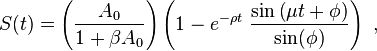 S(t) = \left(\frac {A_0} {1+ \beta A_0}\right)\left(1 -   e^{- \rho t} \  \frac {  \sin \left( \mu t + \phi \right)}{ \sin( \phi )}\right)\ , 