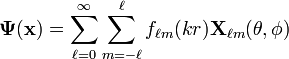 \mathbf{\Psi}(\mathbf{x})=\sum_{\ell=0}^\infty \sum_{m=-\ell}^\ell f_{\ell m}(k r)\mathbf{X}_{\ell m}(\theta, \phi)