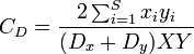 C_D= \frac{2\sum_{i=1}^S x_i y_i }{(D_x + D_y) XY }