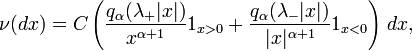 \nu(dx) = C \left(\frac{q_\alpha(\lambda_+ |x|)}{x^{\alpha+1}}1_{x>0} +\frac{q_\alpha(\lambda_-
|x|)}{|x|^{\alpha+1}}1_{x<0} \right) \, dx,
