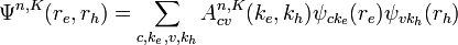 \Psi^{n,K}(r_e,r_h) = \sum_{c,k_e,v,k_h}A^{n,K}_{cv}(k_e,k_h) \psi_{ck_e}(r_e) \psi_{vk_h} (r_h)