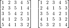 
\begin{bmatrix}
 1 & 2 & 3 & 4 & 5 \\
 2 & 3 & 5 & 1 & 4 \\
 3 & 5 & 4 & 2 & 1 \\
 4 & 1 & 2 & 5 & 3 \\
 5 & 4 & 1 & 3 & 2 
\end{bmatrix}
\quad
\begin{bmatrix}
 1 & 2 & 3 & 4 & 5 \\
 2 & 4 & 1 & 5 & 3 \\
 3 & 5 & 4 & 2 & 1 \\
 4 & 1 & 5 & 3 & 2 \\
 5 & 3 & 2 & 1 & 4
\end{bmatrix}
