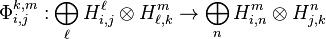 \Phi_{i,j}^{k,m}: \bigoplus_{\ell} H_{i,j}^\ell \otimes H_{\ell,k}^m \to \bigoplus_n H_{i,n}^m \otimes H_{j,k}^n