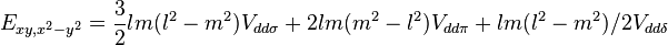 E_{xy,x^2-y^2} = \frac{3}{2} l m (l^2 - m^2) V_{dd\sigma} +
2 l m (m^2 - l^2) V_{dd\pi} + l m (l^2 - m^2) / 2 V_{dd\delta}