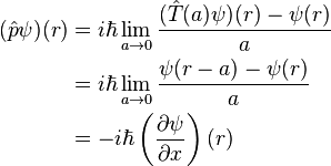 \begin{align} (\hat{p}\psi)(r) &= i\hbar \lim_{a\rightarrow 0} \frac{(\hat T(a)\psi)(r) - \psi(r)}{a} \\ &= i\hbar \lim_{a\rightarrow 0} \frac{\psi(r-a) - \psi(r)}{a} \\ 
   &= -i\hbar \left(\frac{\partial \psi}{\partial x}\right)(r)\end{align}