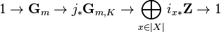 1\rightarrow \mathbf{G}_m\rightarrow j_*\mathbf{G}_{m,K}\rightarrow\bigoplus_{x\in |X|}i_{x*}\mathbf{Z}\rightarrow 1