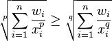 \sqrt[p]{\sum_{i=1}^n\frac{w_i}{x_i^p}}\geq \sqrt[q]{\sum_{i=1}^n\frac{w_i}{x_i^q}}