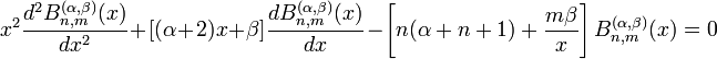 x^2\frac{d^2B_{n,m}^{(\alpha,\beta)}(x)}{dx^2} + [(\alpha+2)x+\beta]\frac{dB_{n,m}^{(\alpha,\beta)}(x)}{dx} - \left[ n(\alpha+n+1) + \frac{m \beta}{x} \right] B_{n,m}^{(\alpha,\beta)}(x)=0