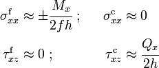 
   \begin{align}
     \sigma_{xx}^{\mathrm{f}} & \approx \pm \cfrac{M_x}{2fh} ~;~~&
     \sigma_{xx}^{\mathrm{c}} & \approx 0 \\
     \tau_{xz}^{\mathrm{f}} & \approx 0 ~;~~ &
     \tau_{xz}^{\mathrm{c}} & \approx \cfrac{Q_x}{2h}
   \end{align}
