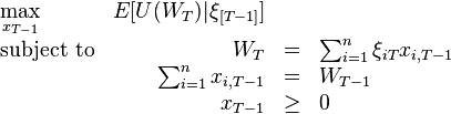 
\begin{array}{lrclr}
\max\limits_{x_{T-1}}   & E[U(W_T)|\xi_{[T-1]}]    &   \\
\text{subject to} & W_T   &=&    \sum_{i=1}^{n}\xi_{iT}x_{i,T-1} \\
                    &\sum_{i=1}^{n}x_{i,T-1}&=&W_{T-1}\\
		    & x_{T-1}     &\geq& 0
\end{array}
