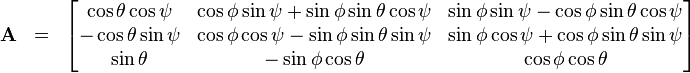 \begin{array}{lcl}
 \mathbf{A} &=& \begin{bmatrix}
  \cos\theta \cos\psi & \cos\phi \sin\psi + \sin\phi \sin\theta \cos\psi &   \sin\phi \sin\psi - \cos\phi \sin\theta \cos\psi \\
  -\cos\theta \sin\psi &  \cos\phi \cos\psi - \sin\phi \sin\theta \sin\psi & \sin\phi \cos\psi + \cos\phi \sin\theta \sin\psi \\
  \sin\theta             &  -\sin\phi \cos\theta                                          &   \cos\phi \cos\theta \\
 \end{bmatrix}
\end{array}