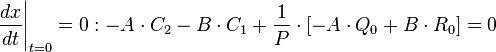 \left.{\frac{{dx}}{{dt}}} \right|_{t=0} = 0: -A\cdot C_2-B\cdot C_1+\frac{1}{P}\cdot [-A\cdot Q_0+B\cdot R_0]=0