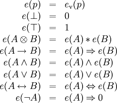 \begin{array}{rcl}
   e(p)                  &=& e_{\mathrm v}(p)
\\ e(\bot)               &=& 0
\\ e(\top)               &=& 1
\\ e(A\otimes B)         &=& e(A) \ast e(B)
\\ e(A\rightarrow B)     &=& e(A) \Rightarrow e(B)
\\ e(A\wedge B)          &=& e(A) \wedge e(B)
\\ e(A\vee B)            &=& e(A) \vee e(B)
\\ e(A\leftrightarrow B) &=& e(A) \Leftrightarrow e(B)
\\ e(\neg A)             &=& e(A) \Rightarrow 0
\end{array}