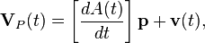 
\mathbf{V}_P(t) = \left[\frac{dA(t)}{dt}\right]\mathbf{p} + \mathbf{v}(t),
