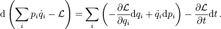 
\mathrm{d} \left ( \sum_i p_i {\dot q_i} - \mathcal{L} \right ) = \sum_i \left( - \frac{\partial \mathcal{L}}{\partial q_i} \mathrm{d} q_i + {\dot q_i} \mathrm{d}p_i  \right) - \frac{\partial \mathcal{L}}{\partial t}\mathrm{d}t
\,.