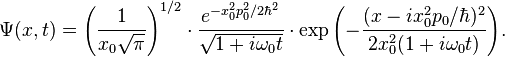 \Psi(x,t) = \left(\frac{1}{x_0 \sqrt{\pi}} \right)^{1/2} \cdot \frac{e^{-x_0^2 p_0^2 /2\hbar^2}}{\sqrt{1+i\omega_0 t}} \cdot \exp{\left(-\frac{(x-ix_0^2 p_0/\hbar)^2}{2x_0^2 (1+i\omega_0 t)}\right)}.