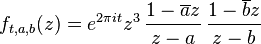 f_{t,a,b}(z)=e^{2\pi it}z^3\,\frac{1-\overline{a}z}{z-a}\,\frac{1-\overline{b}z}{z-b}