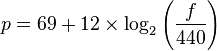 p = 69 + 12\times\log_2 { \left(\frac {f}{440} \right) }