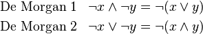 
\begin{align}
&\text{De Morgan 1} & \neg x \wedge \neg y & = \neg{(x \vee y)} \\
&\text{De Morgan 2} & \neg x \vee \neg y & = \neg{(x \wedge y)}
\end{align}
