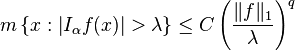 m \left \{x : \left |I_\alpha f(x) \right | > \lambda \right \} \le C \left( \frac{\|f\|_1}{\lambda} \right )^q