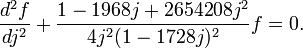 \frac{d^2f}{dj^2} + 
\frac{1-1968j + 2654208j^2}{4j^2 (1-1728j)^2} f=0.\,
