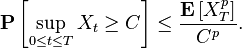 \mathbf{P} \left[ \sup_{0 \leq t \leq T} X_{t} \geq C \right] \leq \frac{\mathbf{E} \left[ X_{T}^{p} \right]}{C^{p}}.