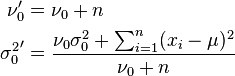 \begin{align}
\nu_0' &= \nu_0 + n \\
{\sigma_0^2}' &= \frac{\nu_0 \sigma_0^2 + \sum_{i=1}^n (x_i-\mu)^2}{\nu_0+n}
\end{align}