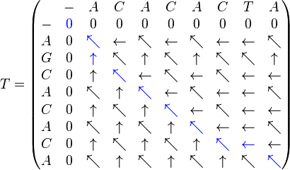 T =
\begin{pmatrix}
  & - & A & C & A & C & A & C & T & A \\
- & \color{blue}0 & 0 & 0 & 0 & 0 & 0 & 0 & 0 & 0 \\
A & 0 & \color{blue}\nwarrow & \leftarrow & \nwarrow & \leftarrow & \nwarrow & \leftarrow & \leftarrow & \nwarrow \\
G & 0 & \color{blue}\uparrow & \nwarrow & \uparrow & \nwarrow & \uparrow & \nwarrow & \nwarrow & \uparrow \\
C & 0 & \uparrow & \color{blue}\nwarrow & \leftarrow & \nwarrow & \leftarrow & \nwarrow & \leftarrow & \leftarrow \\
A & 0 & \nwarrow & \uparrow & \color{blue}\nwarrow & \leftarrow & \nwarrow & \leftarrow & \leftarrow & \nwarrow \\
C & 0 & \uparrow & \nwarrow & \uparrow & \color{blue}\nwarrow & \leftarrow & \nwarrow & \leftarrow & \leftarrow \\
A & 0 & \nwarrow & \uparrow & \nwarrow & \uparrow & \color{blue}\nwarrow & \leftarrow & \leftarrow & \nwarrow \\
C & 0 & \uparrow & \nwarrow & \uparrow & \nwarrow & \uparrow & \color{blue}\nwarrow & \color{blue}\leftarrow & \leftarrow \\
A & 0 & \nwarrow & \uparrow & \nwarrow & \uparrow & \nwarrow & \uparrow & \nwarrow & \color{blue}\nwarrow
\end{pmatrix}
