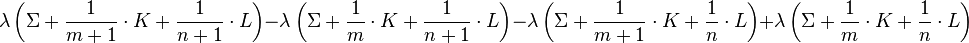 \lambda\left(\Sigma+\frac{1}{m+1}\cdot K+\frac{1}{n+1}\cdot L\right) -\lambda\left(\Sigma+\frac{1}{m}\cdot K+\frac{1}{n+1}\cdot L\right)-\lambda\left(\Sigma+\frac{1}{m+1}\cdot K+\frac{1}{n}\cdot L\right) +\lambda\left(\Sigma+\frac{1}{m}\cdot K+\frac{1}{n}\cdot L\right)