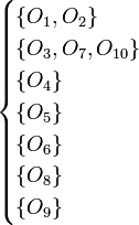 
\begin{cases} 
\{O_{1},O_{2}\} \\ 
\{O_{3},O_{7},O_{10}\} \\ 
\{O_{4}\} \\ 
\{O_{5}\} \\
\{O_{6}\} \\
\{O_{8}\} \\
\{O_{9}\} \end{cases}
