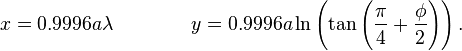 x = 0.9996a\lambda \qquad\qquad y  = 0.9996a\ln \left(\tan \left(\frac{\pi}{4} + \frac{\phi}{2} \right) \right).