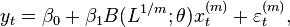 y_t = \beta_0 + \beta_1 B(L^{1/m};\theta)x_t^{(m)} + \varepsilon_t^{(m)},\,