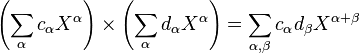 \left(\sum_\alpha c_\alpha X^\alpha\right)\times\left(\sum_\alpha d_\alpha X^\alpha\right)=\sum_{\alpha,\beta} c_\alpha d_\beta X^{\alpha+\beta}