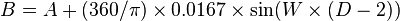 B=A+(360/\pi)\times 0.0167\times \sin(W\times (D-2))