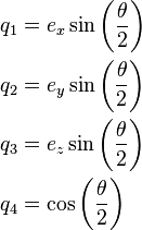 \begin{align}
 q_1 &= e_x\sin\left(\frac{\theta}{2}\right)\\
 q_2 &= e_y\sin\left(\frac{\theta}{2}\right)\\
 q_3 &= e_z\sin\left(\frac{\theta}{2}\right)\\
 q_4 &= \cos\left(\frac{\theta}{2}\right)
\end{align}